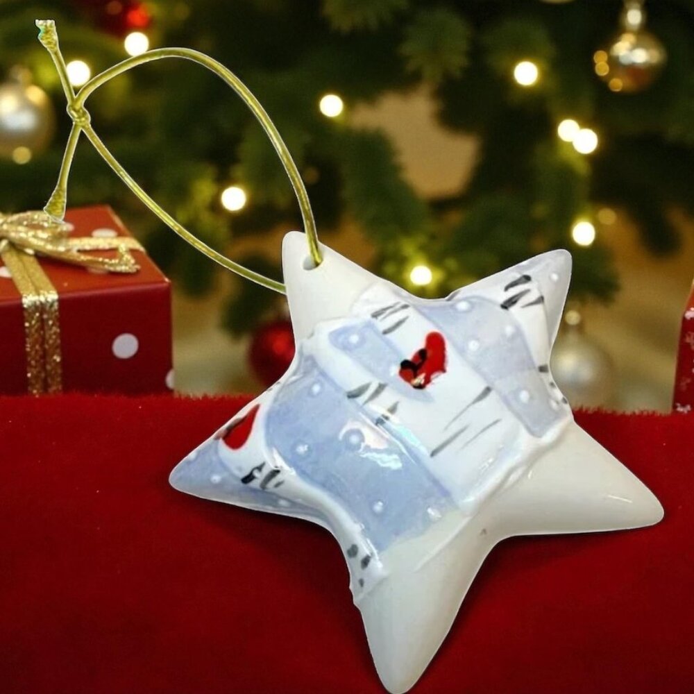 Christmas Ornament Ceramic Star Hand Painted Red Cardinal Woods Tree Snow